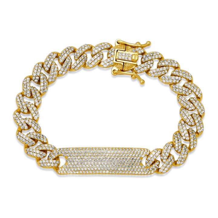 CZ ENCRUSTED CUBAN LINK ID BRACELET, GOLD for wholesale by JEN HANSEN