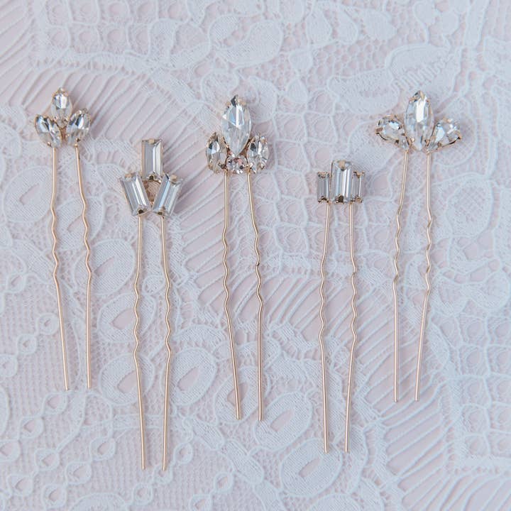 Addison Set med 5 Swarovski kristall hårnålar, vintage guld för wholesale av Sugarcane & Co.