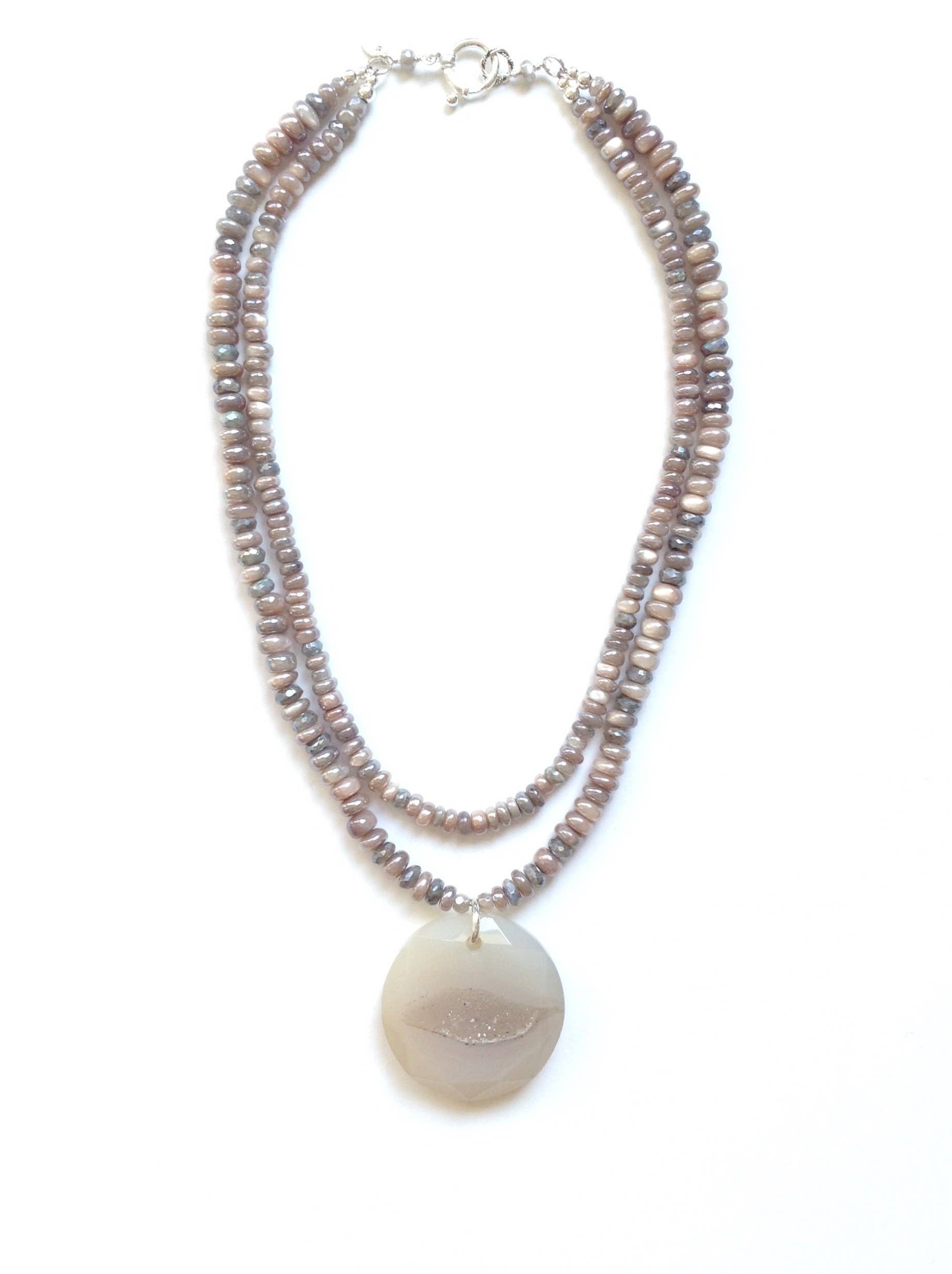 Solid Design Studios - Wholesale Pendant/Charm Necklace - Double-Strand Moonstone & Labradorite Necklace With Druzy Pendant1
