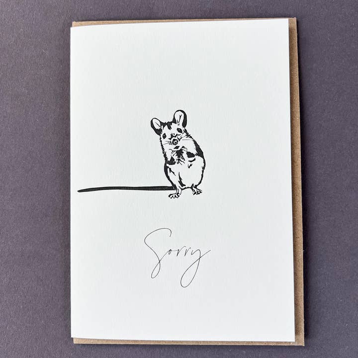 Penguin Ink – postal de simpatia por atacado – Cartão Letterpress Desculpa Rato2