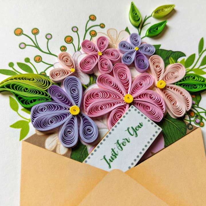 Blue Bird Cards - Wholesale Love Card - Just for You Floral Envelope Quilling Card