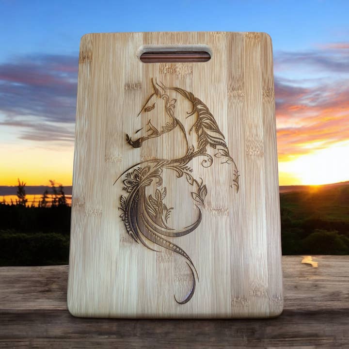 Horse design Bamboo Cutting Board, 3 available sizes for wholesale by The Krafty Equestrian