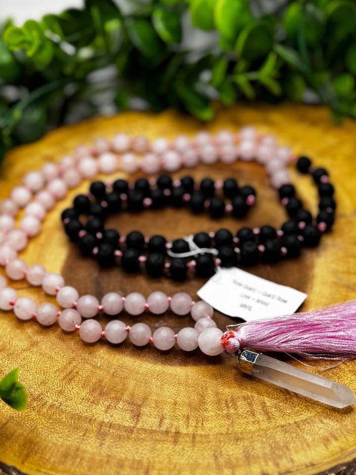 Rose Quartz & Lava Stone Mala Bead Necklace for wholesale by Moonbeam Healing