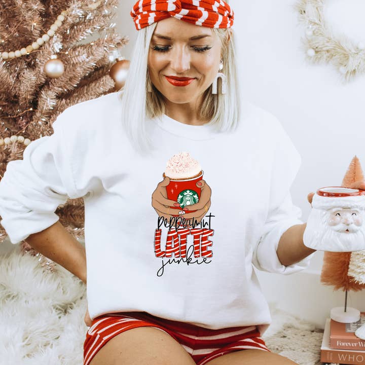 Peppermint Latte Junkie Christmas Sweatshirt for wholesale by Londas Trendy Tees