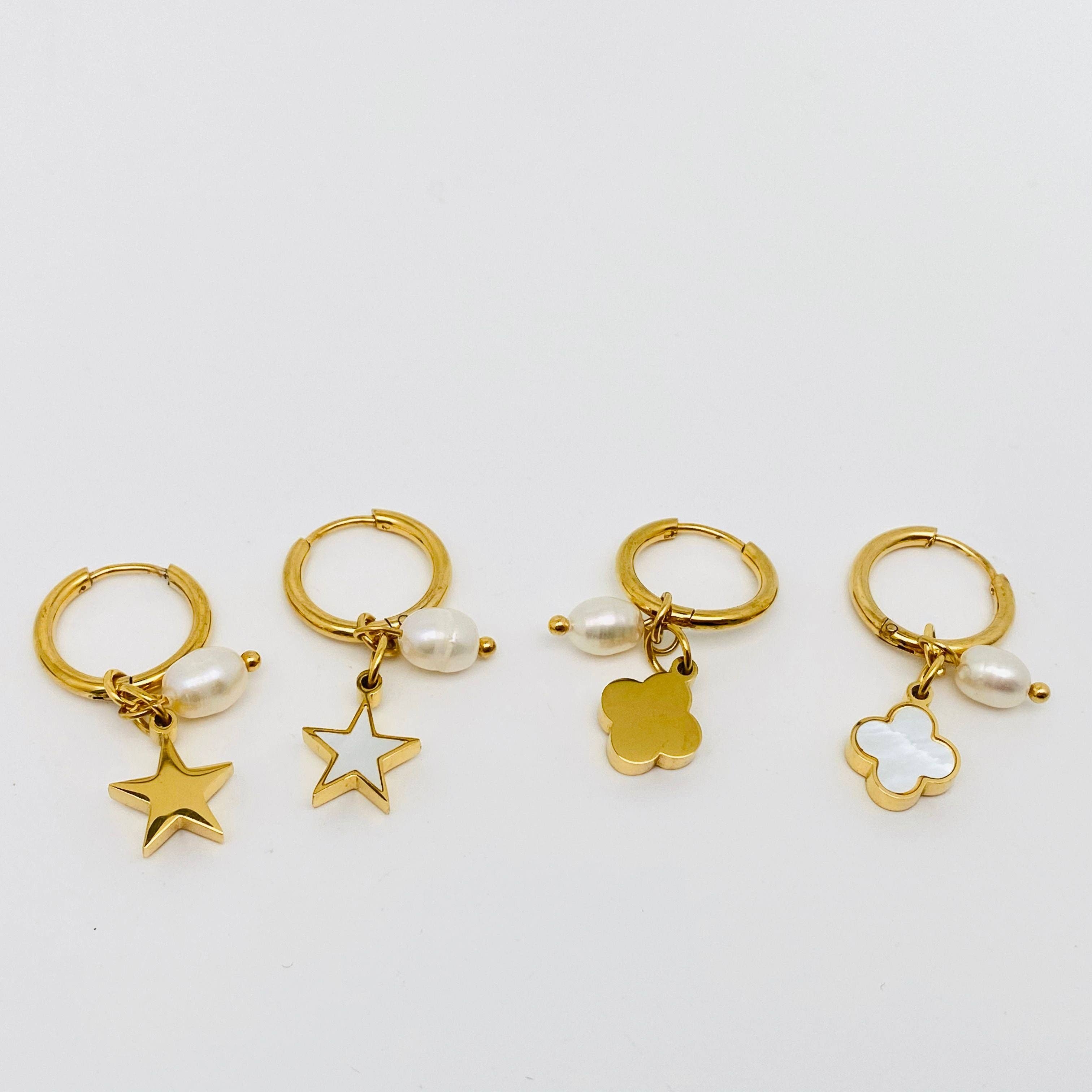 Mio Queena - Wholesale Huggie Earrings - Pearl Shell 18K Gold-plated Stainless Steel Earrings - FGS9