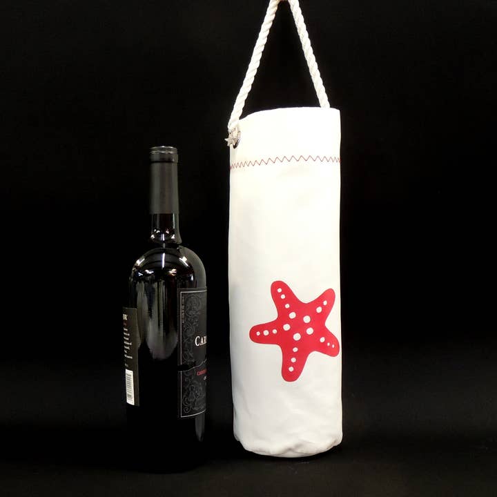 Mainland Canvas - Vendita all'ingrosso Borse per bottiglie di vino - Borsa da vino in tela per vele con motivo stelle marine rosse