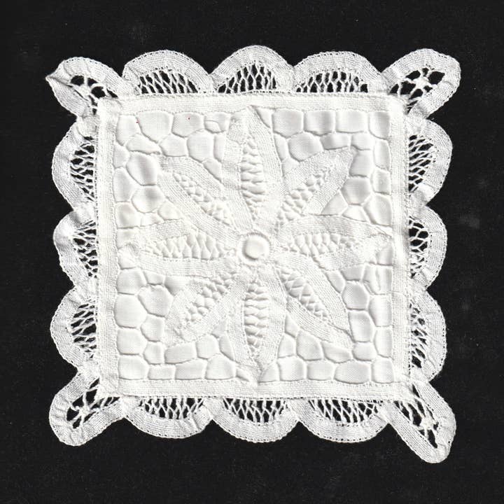 Battenburg Lace Cocktail Coaster Lined – Handcrafted 4"x4" for wholesale by Eastern Sunrise Lace And Linens Inc.