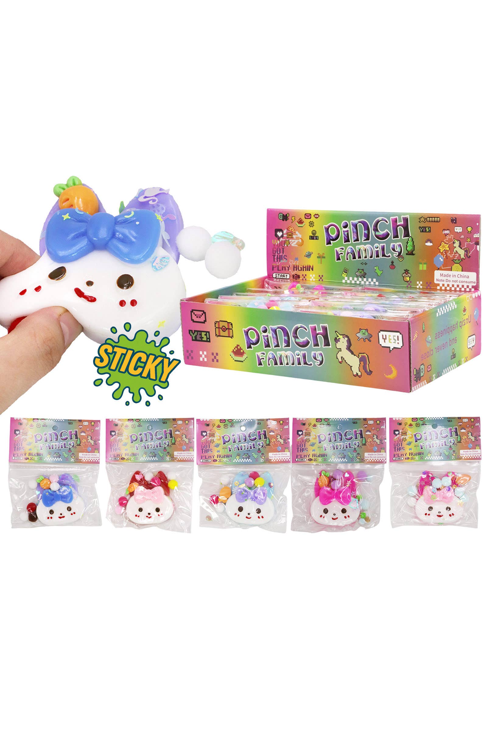 ASSORTED Ribbon Bunny Glitter Sticky Mochi Squishy Bag for wholesale on Faire