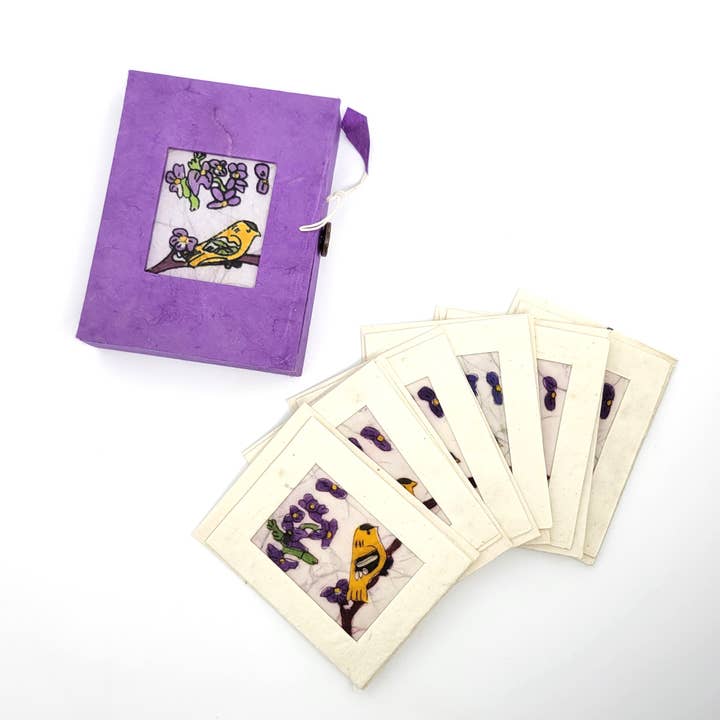 Goldfinch on a Branch Batik Mini Gift Cards in Paper Mache Box Set for wholesale by Eclectic Woodchuck
