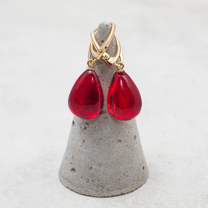 Amber Charm - Wholesale Dangle Earrings - Teardrop Red Amber Earrings Ruby Baltic Amber Earrings Gold