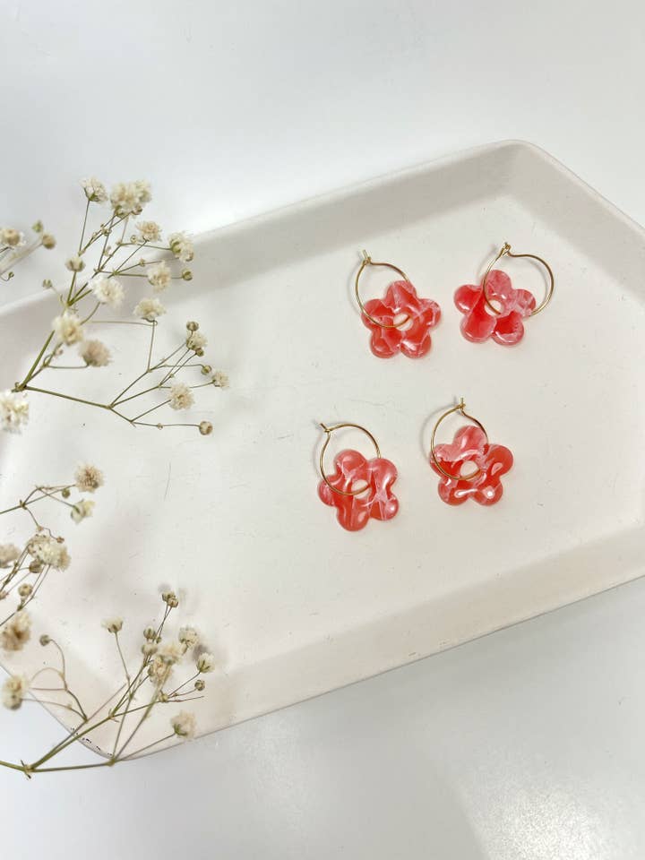 Pink Marble Flower Hoops | Handmade Polymer Clay Earrings for wholesale by LivCreated