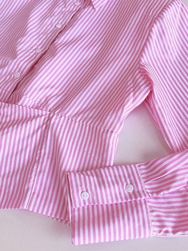 Sheer Trend - Wholesale Button Down Shirt - Women's - Long Sleeves Loose Asymmetric Split-Joint Striped Lapel Blouses7