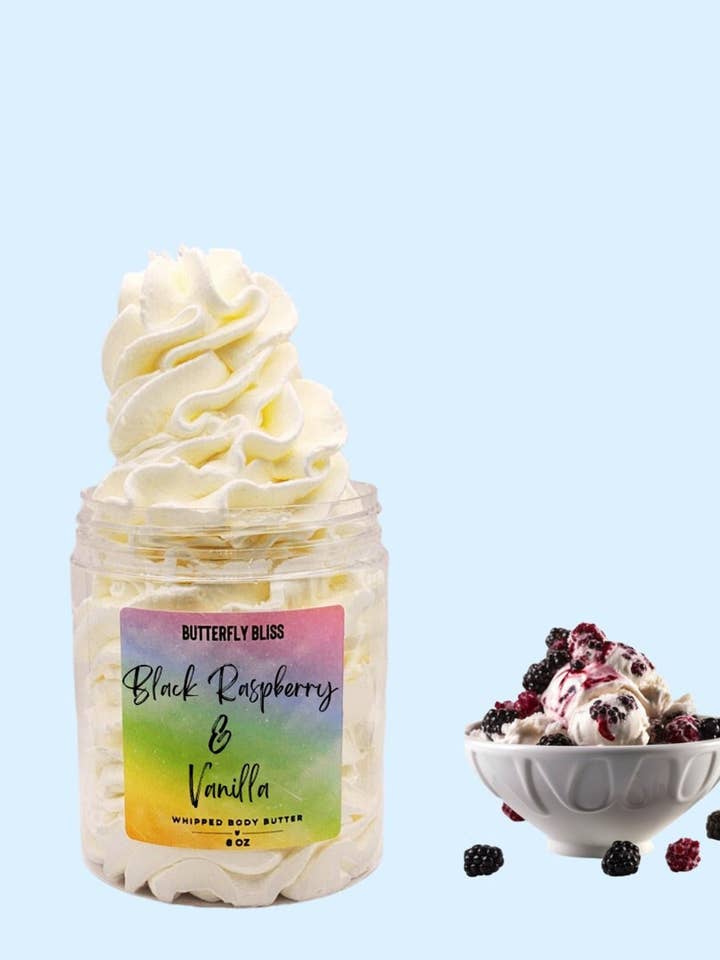 Body Butter met zwarte frambozen en vanille | opgeklopte bodybutter | frambozenlotion | shea body butter | natuurlijke bodybutter | natuurlijke lotion voor wholesale door Butterfly Bliss