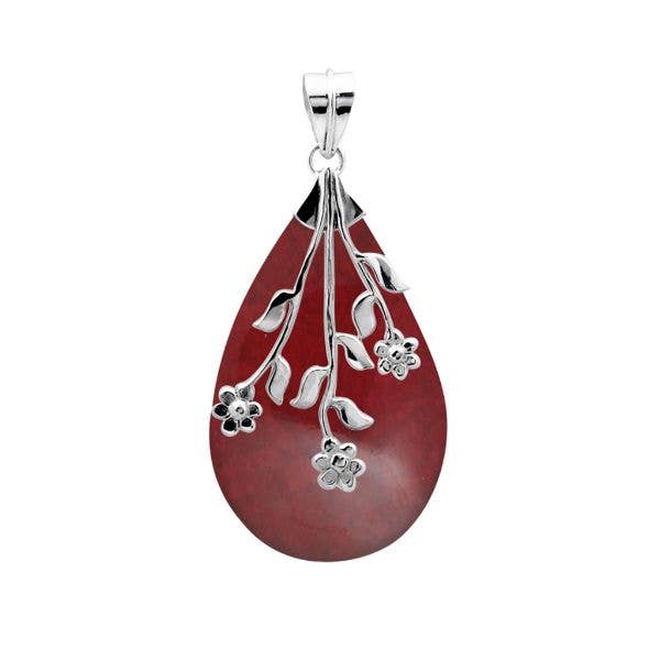 Bali Designs - Wholesale Pendant/Charm Necklace - AP-1047-CR Sterling Silver Red Coral Long Teardrop Pendant With Floral Branch Overlay.0