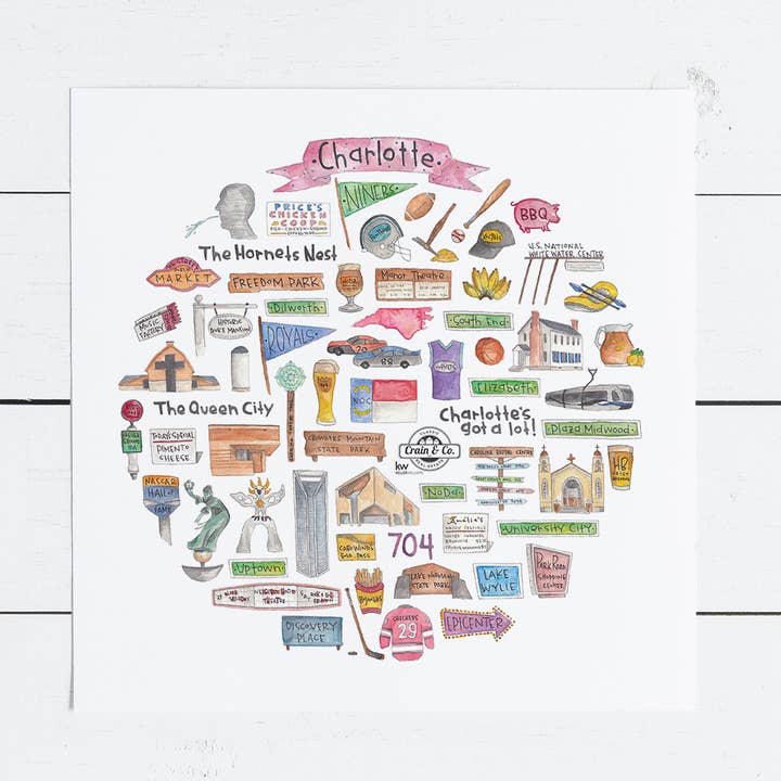 Charlotte, NC Ikon Akvarel Print for engroshandel hos Green Blanky Studio