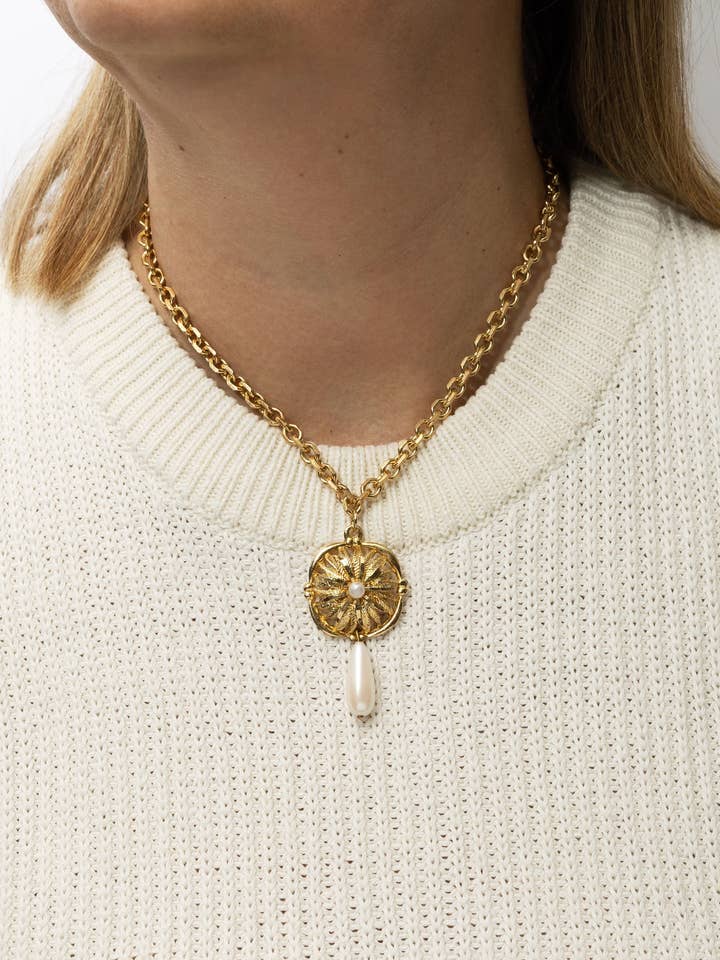 Gold Gaynor Pearl Medallion Necklace for wholesale by Caramel Vintage Jewellery