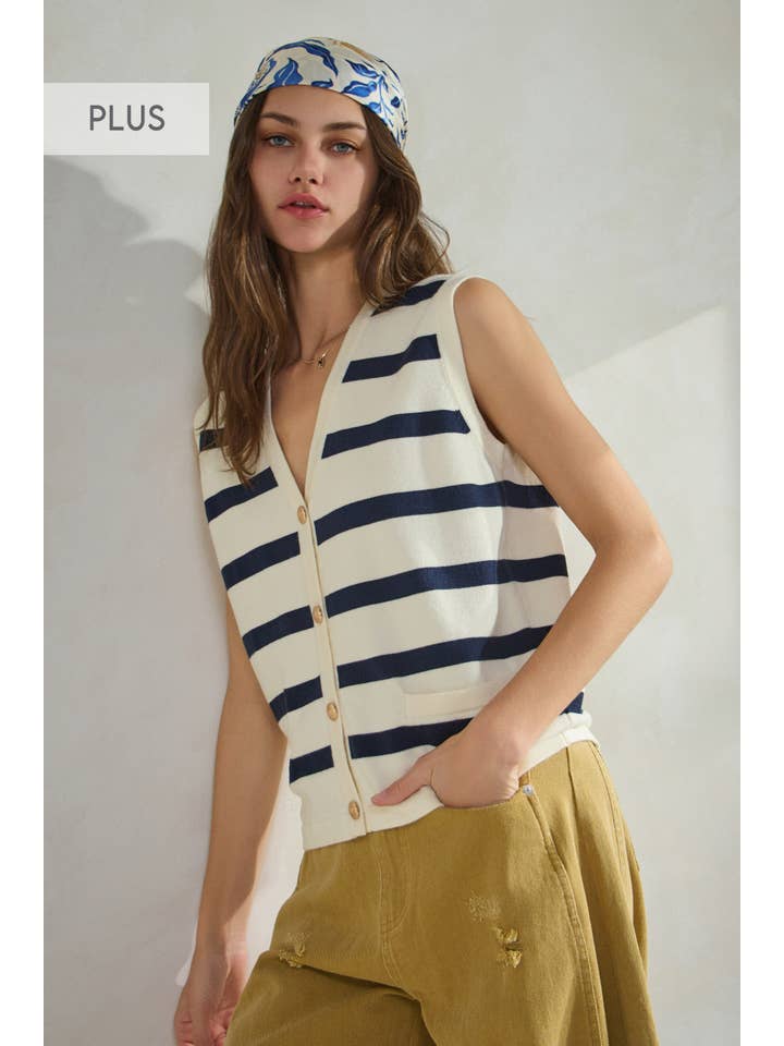Oddi – Engroshandel Strikvest/slipover – Kvinder – Plus Sailor-kollektion Stribet Sweater Vest