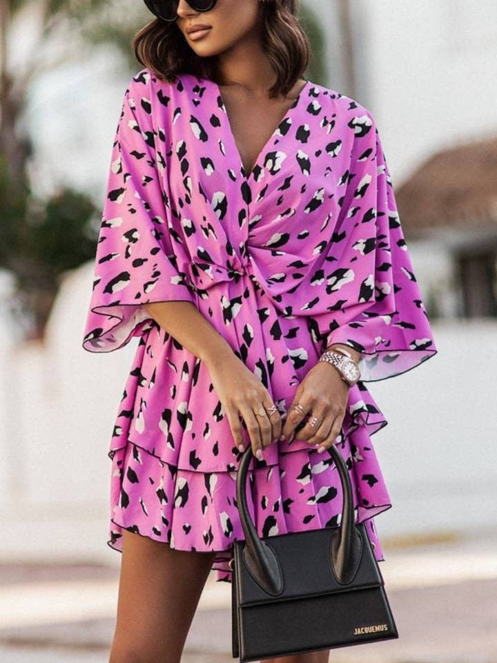 HIDDENBRAND - Wholesale Dress - Women's - V-Neck Print Waist Cinched Dolman Sleeve Dress