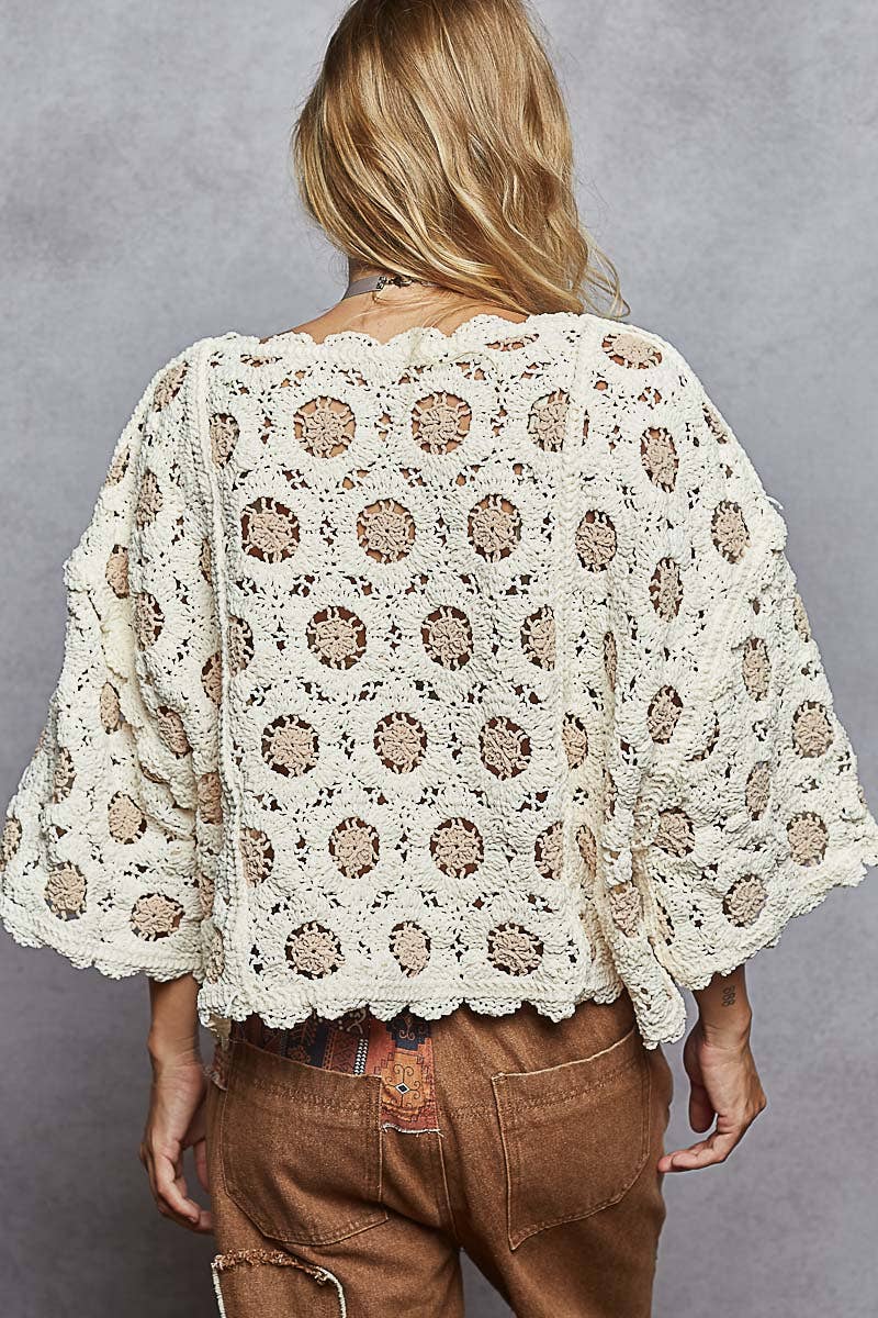 Pol Clothing - Vente Haut en maille – femme - Haut court en crochet à col rond et manches 3/413