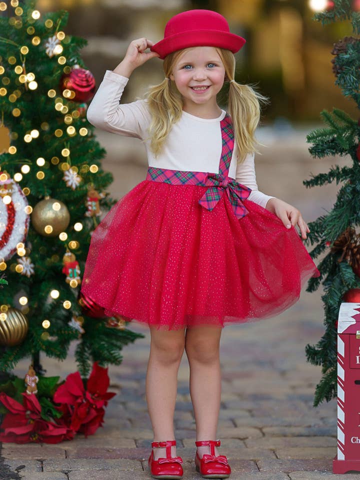 Red Sparkle Tutu Dress w/ Plaid Bow for wholesale by Mia Belle Girls • Wholesale