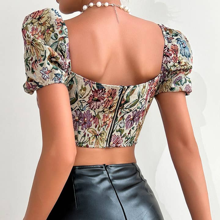 EmberLoom - Wholesale Blouse - Women's - Floral Pattern Corset Top with Puff Sleeves3