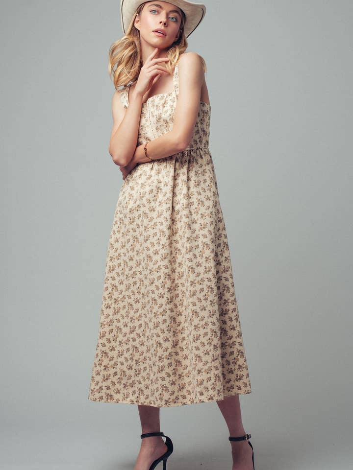 SAND MULTI Floral Square Neck Midi Dress for wholesale on Faire5