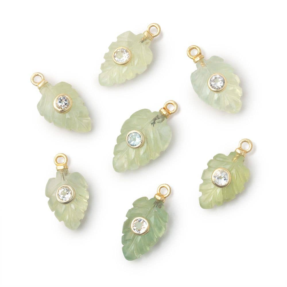 Beads of Cambay - Wholesale Individual Charm/Pendant - 12-14mm Prehnite Carved Leaf with Bezeled Topaz Inlay 1 Pendant0