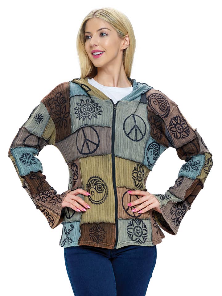 Hooded Jacket Hippie Patchwork Hand Printed for wholesale by Yak & Yeti