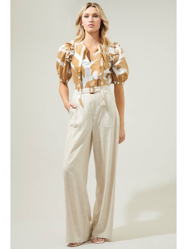Camel Multi Hazel Abstract Noche Tie Neck Blouse for wholesale on Faire
