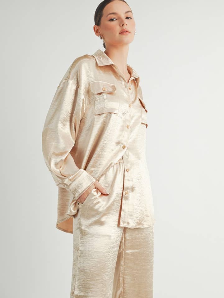 Button Down Metallic Shirt Champagne-1 for wholesale by AIBLEE