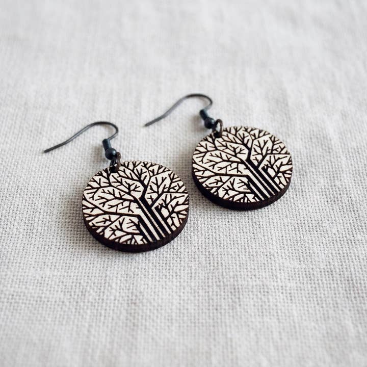 Oak Tree Engraved Wood Earrings© by Aurora North Home for wholesale by Aurora North Home