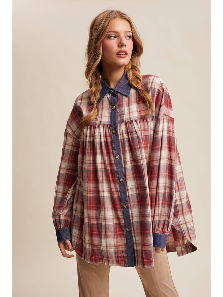 Listicle - Wholesale Button Down Shirt - Women's - Mixed Plaid Oversized Button-Down Shirt LJ020518