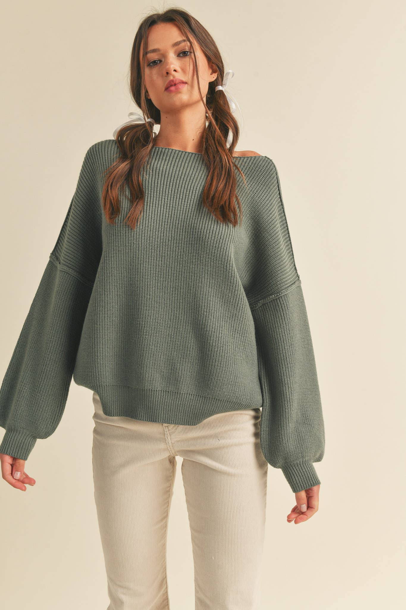 &MERCI - Wholesale Knit Sweater - Women's - BOAT NECK BUBBLE SLEEVE SWEATER MSW814712