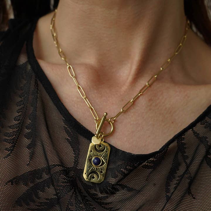 Collar con colgante de malla de acero con forma de luna y estrella para venta al por mayor de Bijoux 7bis