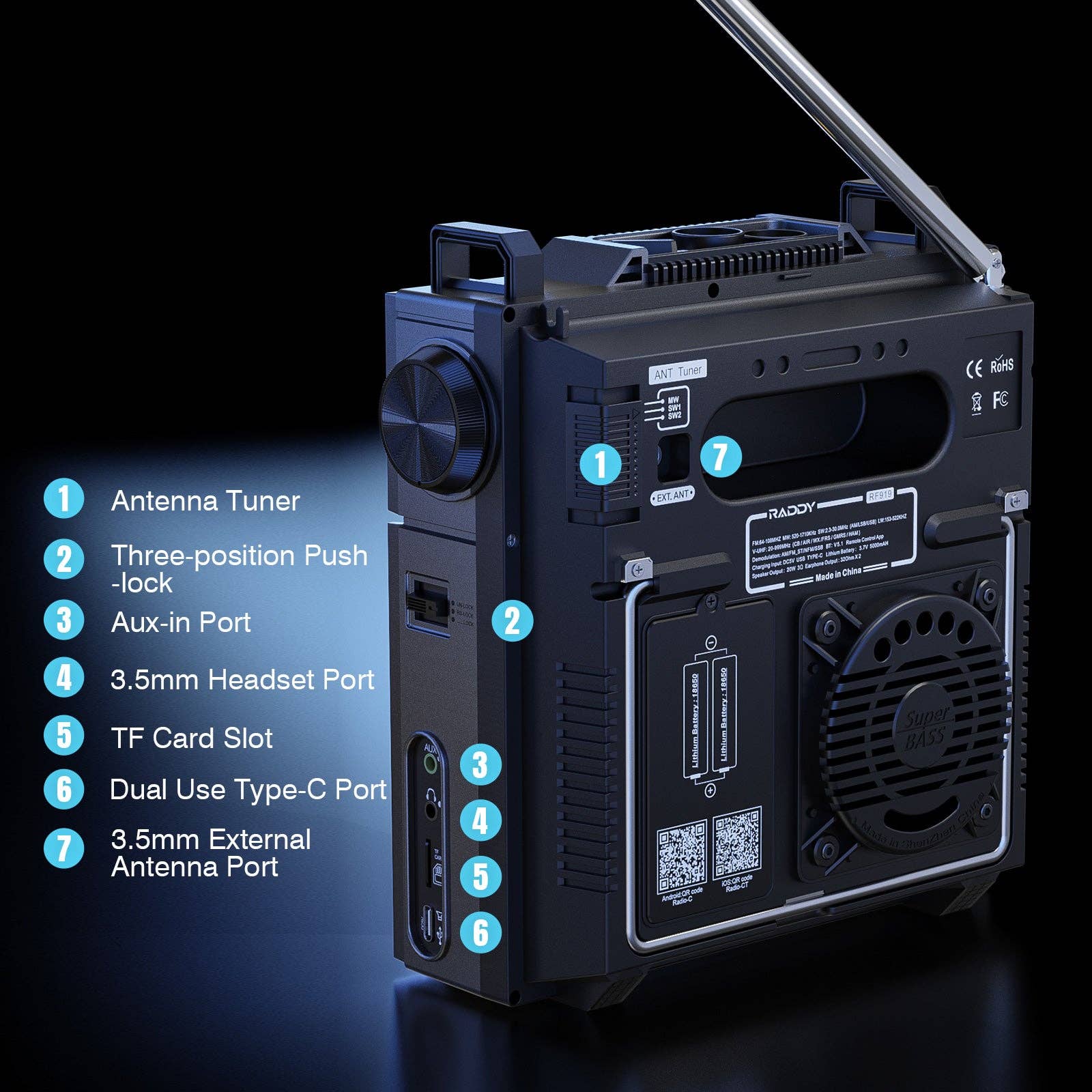 Radioddity - Wholesale Speakers - Raddy RF919 Shortwave Radio | Full Band Receiver with SSB | 20W Bluetooth 5.1 | APP Remote Control | Antenna Tuner | 5000mAh Battery | Dual Screens7