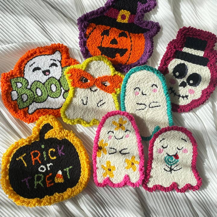 Hallowen muggmatta, Spooky Punch Needle, Pumpkin Coaster för wholesale av Fireflypunch