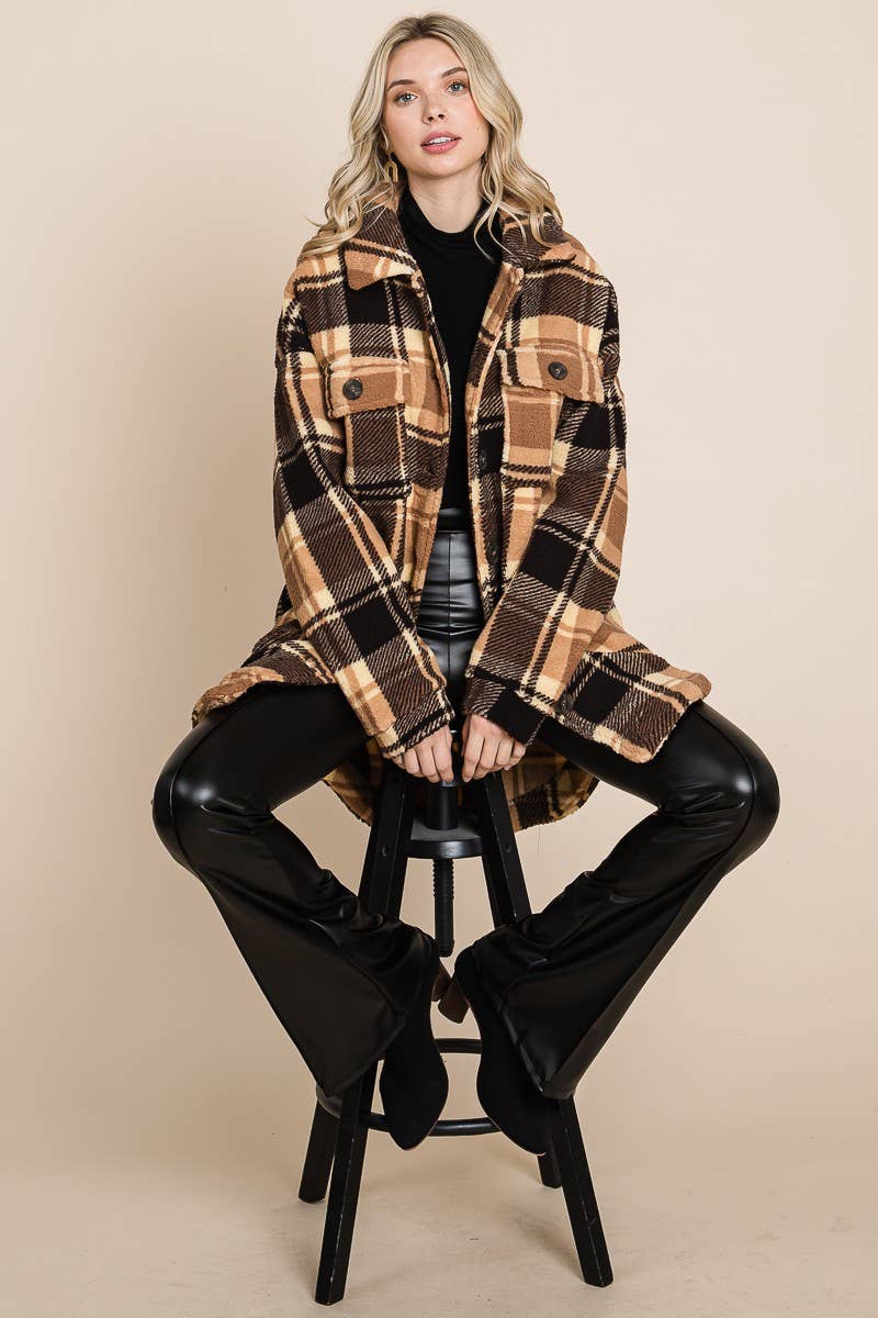 BNS - Wholesale Shirt Jacket/Shacket - Women's - Plaid Print Drop Shoulder Teddy Shacket w/Pockets10