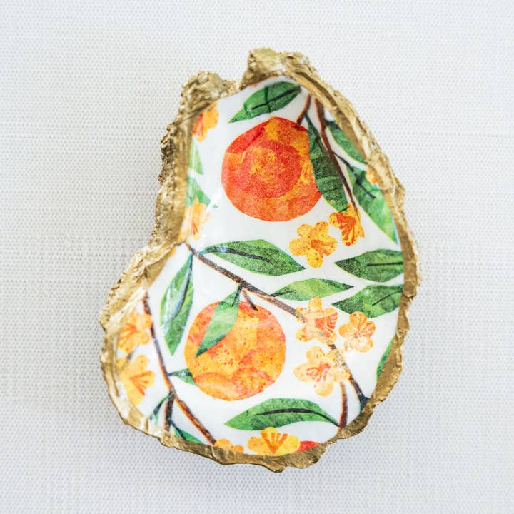 Decoupage Oyster Jewelry Dish: Orange Blossom for wholesale by Grit and Grace Studio