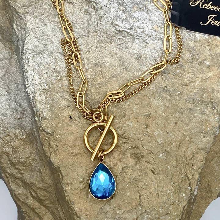 Rebecca Ray Jewelry - Wholesale Pendant/Charm Necklace - Gold Double Strand Toggle Necklace with Crystal Teardrop2