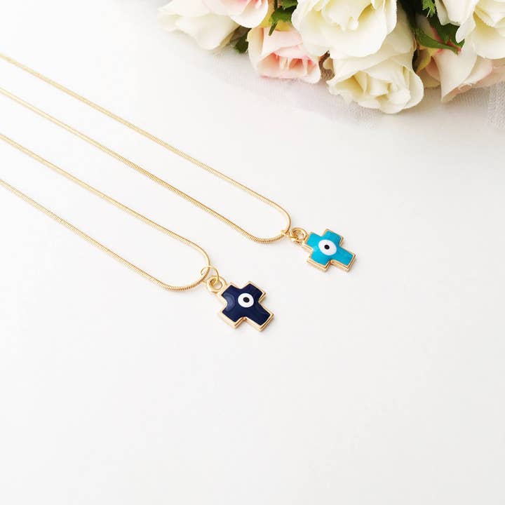 Blue Cross Charm with Evil Eye Pendant Necklace for wholesale by Evileyefavor