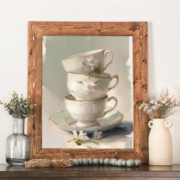Stacked Teacups Framed Wall Art Vintage Tea Cup Picture for wholesale by Swinford Designs