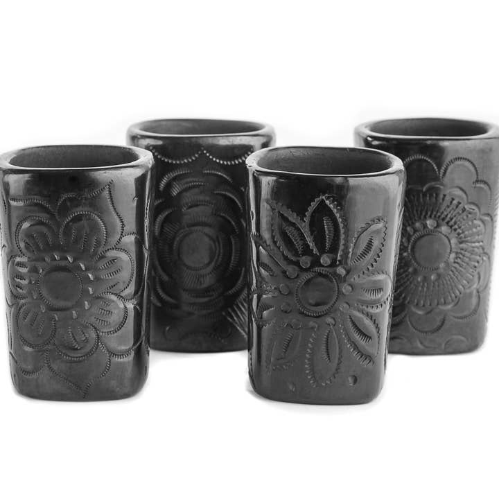 MEXTEQUIL - Wholesale Shot Glass - Black Clay Mexican Shot Glasses - Set of 4 - 2 Oz -Round