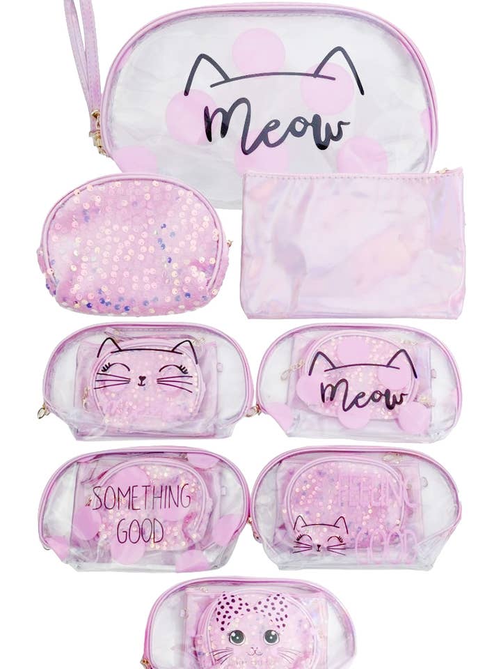 Conjunto de bolsas cosméticas em PVC transparente de 3 peças Kitty Cat por atacado de Cap Zone