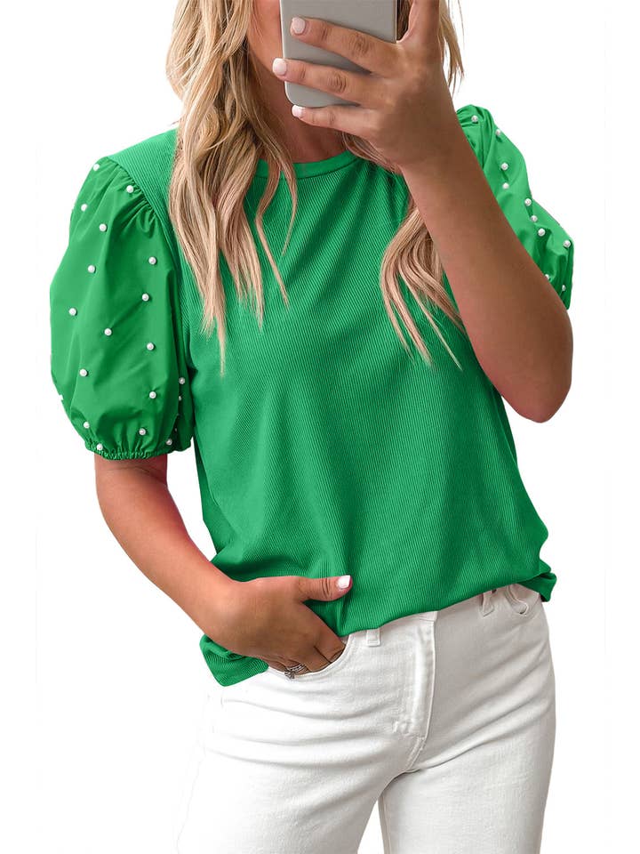 Bright Green Pearl Beaded Puff Sleeve Top for wholesale on Faire