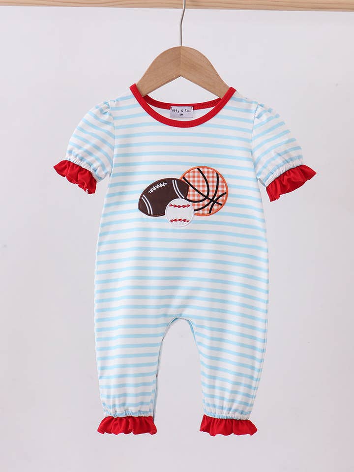 Blåstribet sports-trio-applikationsromper for engroshandel hos Aspen Rain Boutique