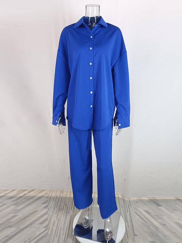 Sheer Trend – wholesale Top & pants set (NOT Loungewear) – Women's – Long Sleeves Buttoned Pockets Solid Color Lapel Shirts Top + Elasticity High Waisted Pants Bottom Two Pieces Set1