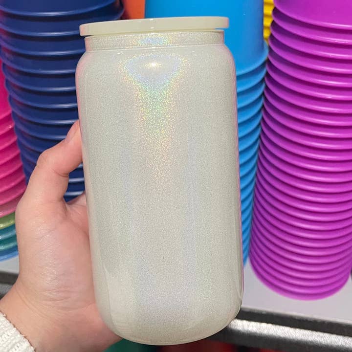 One Stop Cups - Wholesale Drinking Glass/Cup - 16oz Glitter Sublimation Glass Can  Cups