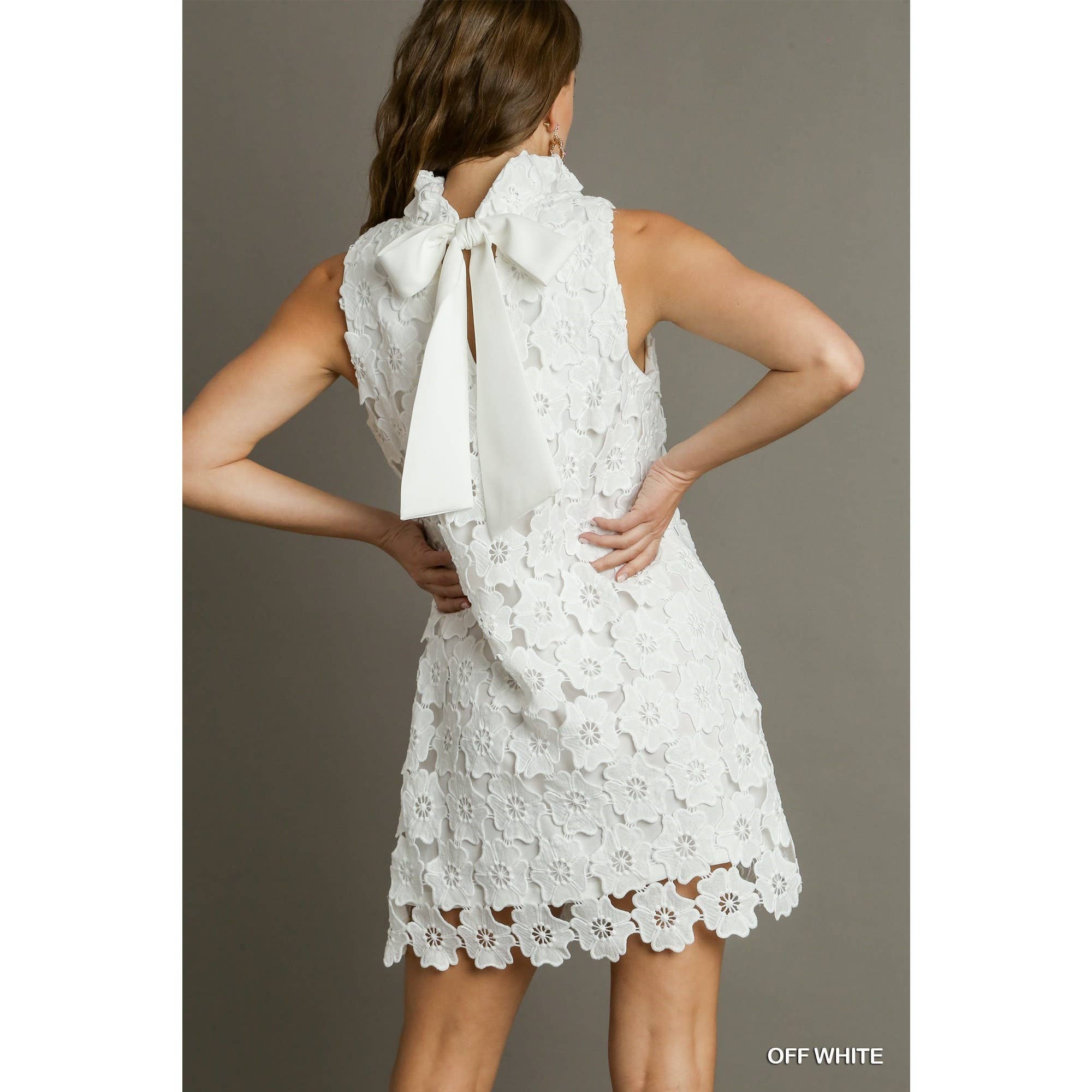 BNS - Wholesale Dress - Women's - Floral Lace High Neck Sleeveless Dress w_Bow Tie4