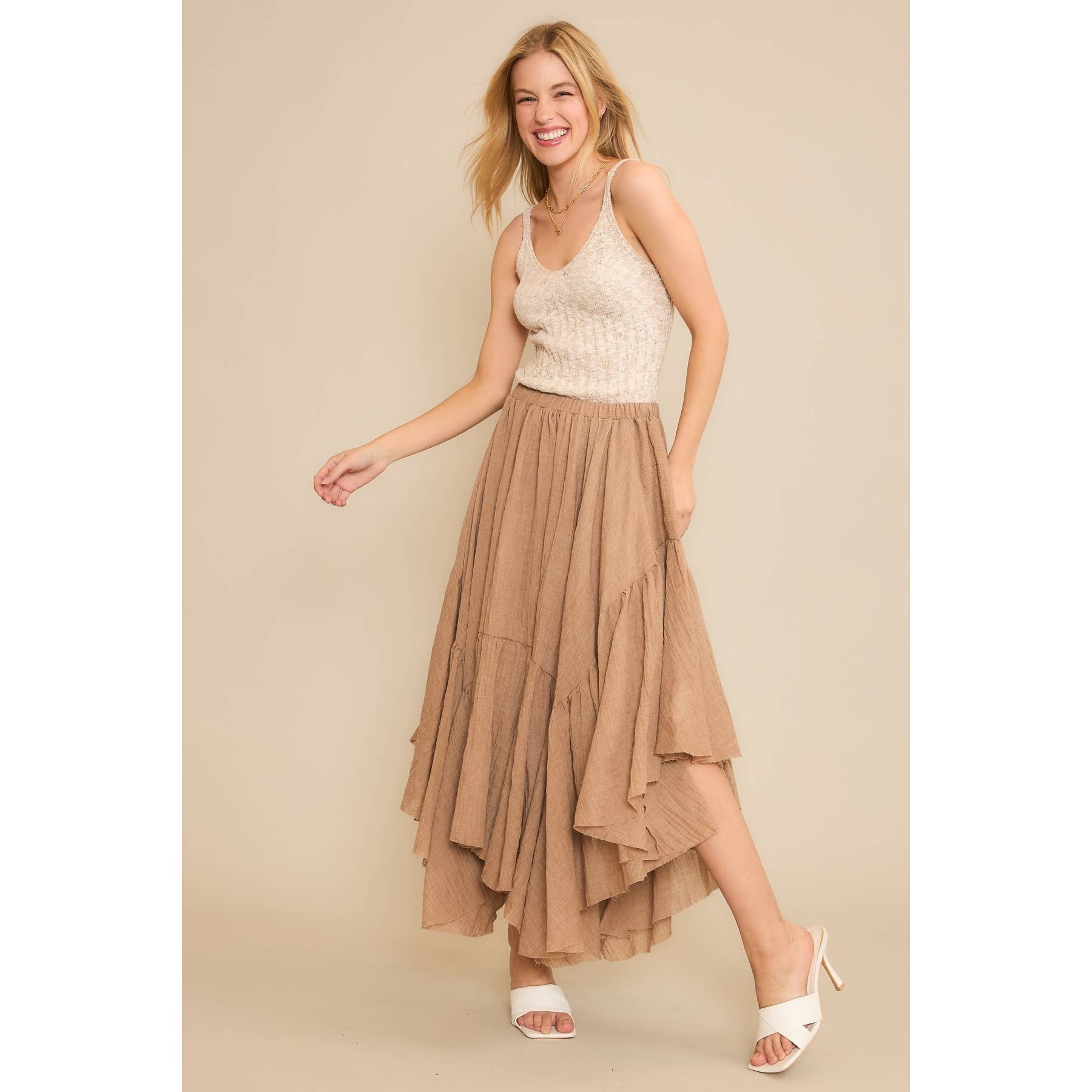 Sweet Generis - Wholesale Skirt - Women's -  Asymmetrical Raw-Edge Ruched Skirt - Charcoal15