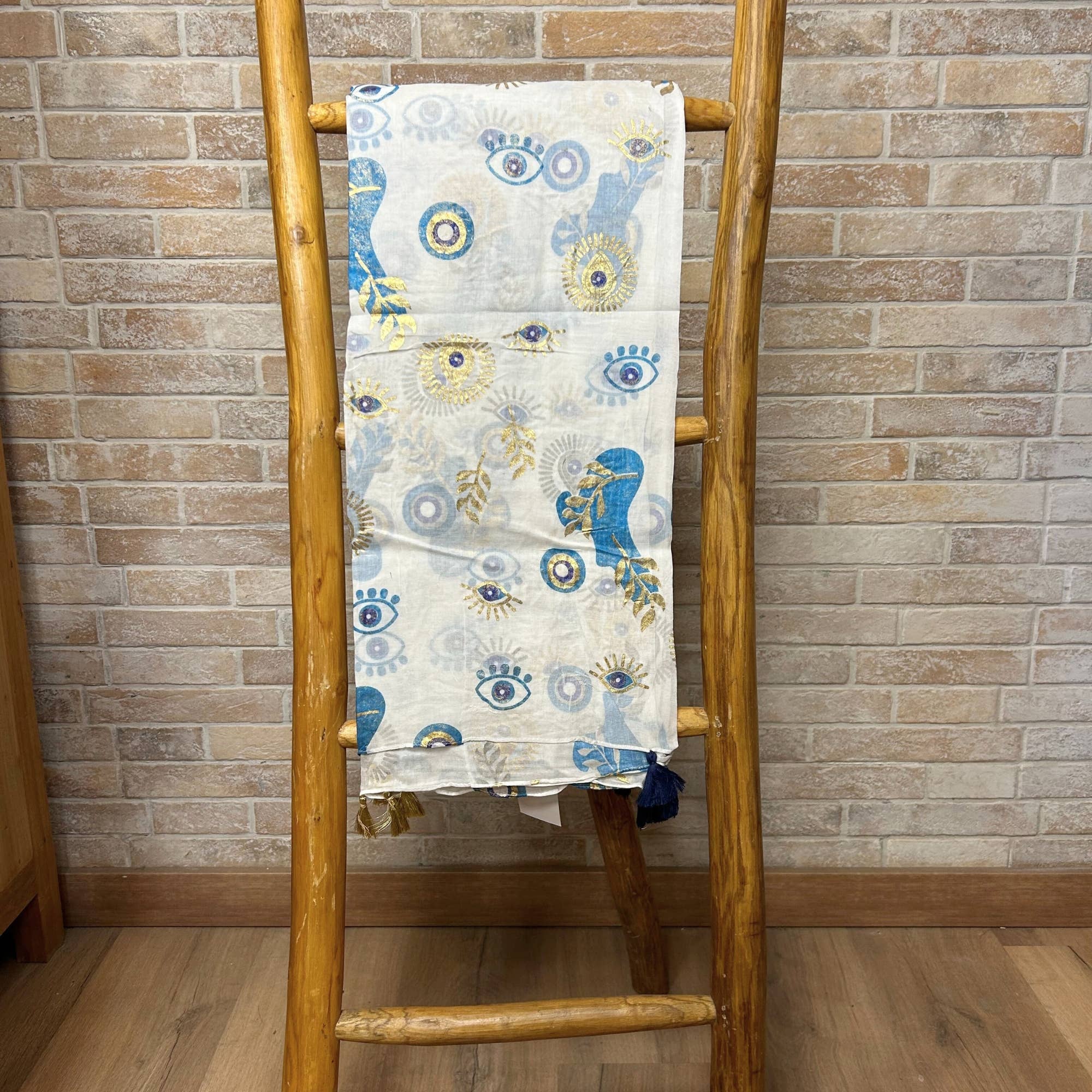 AW Artisan - Wholesale Swim Shorts - Women’s - Sarong - Turkish Eye Design in white, blue, and gold2